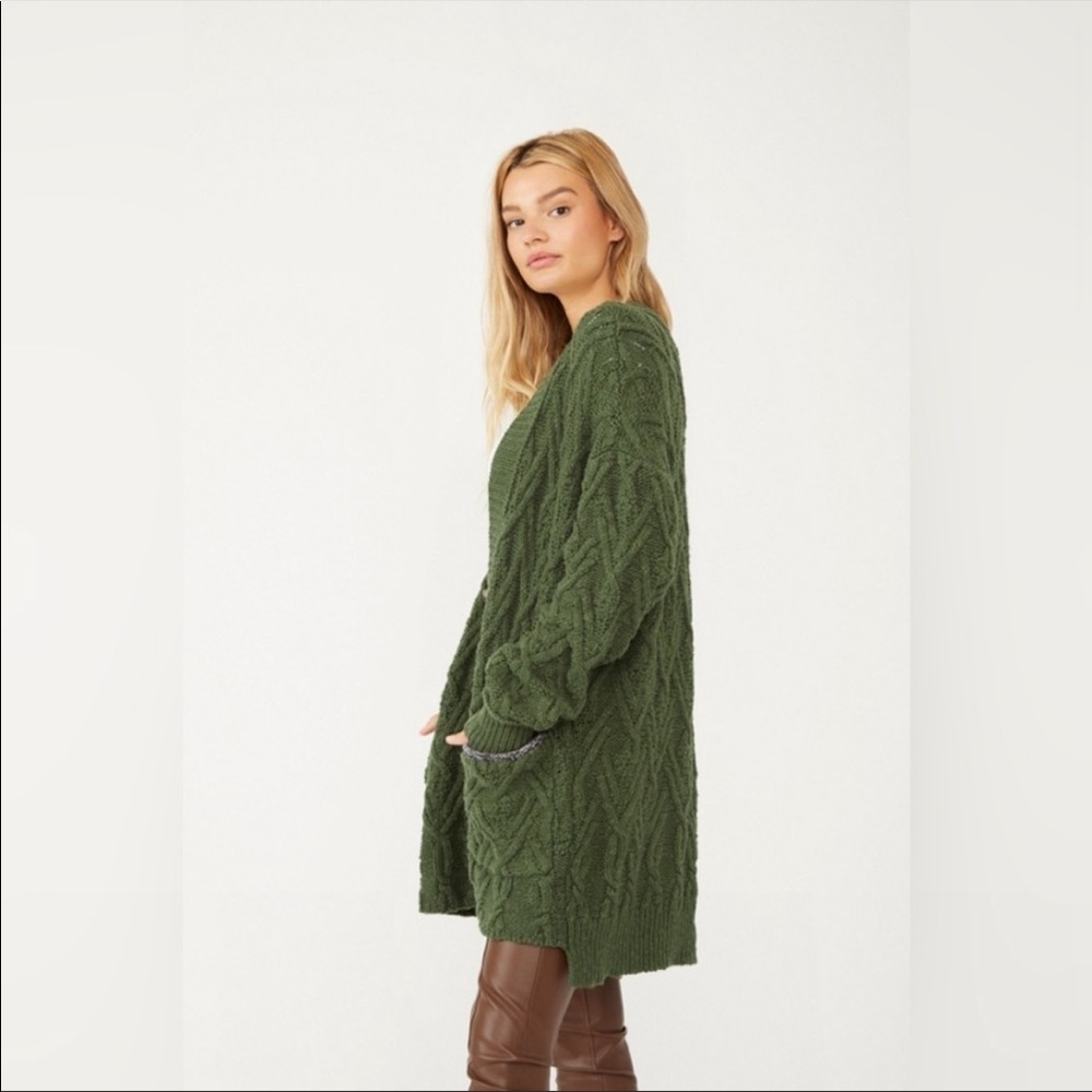 Free People Montana Cable Knit Cardigan Forest Green - Picture 3 of 4